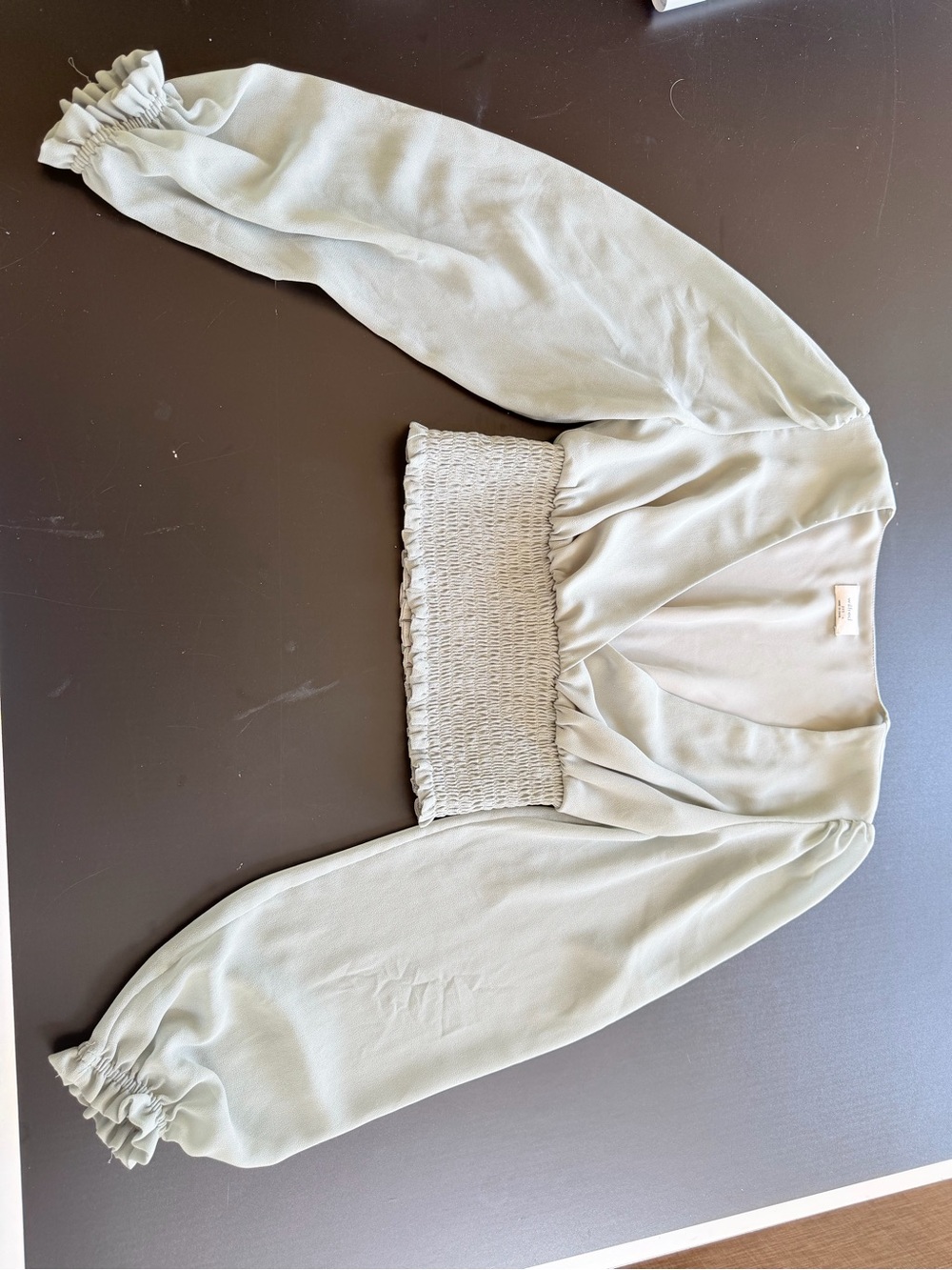Aritzia Wistful Sage Green Smocked-Waist V-Neck Blouse - Picture 4 of 7